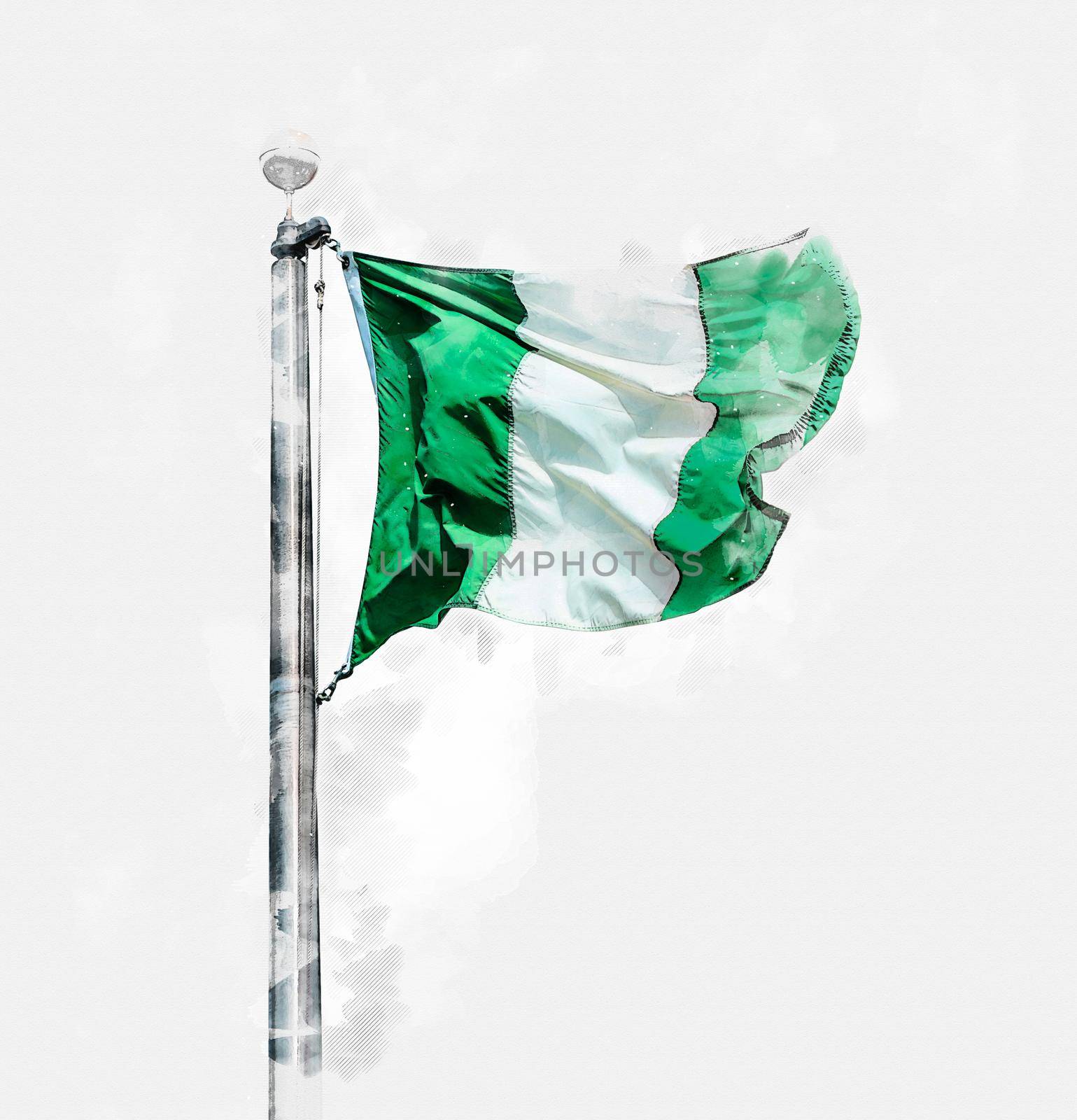 National flag of Nigeria on a flagpole, isolated on a white background