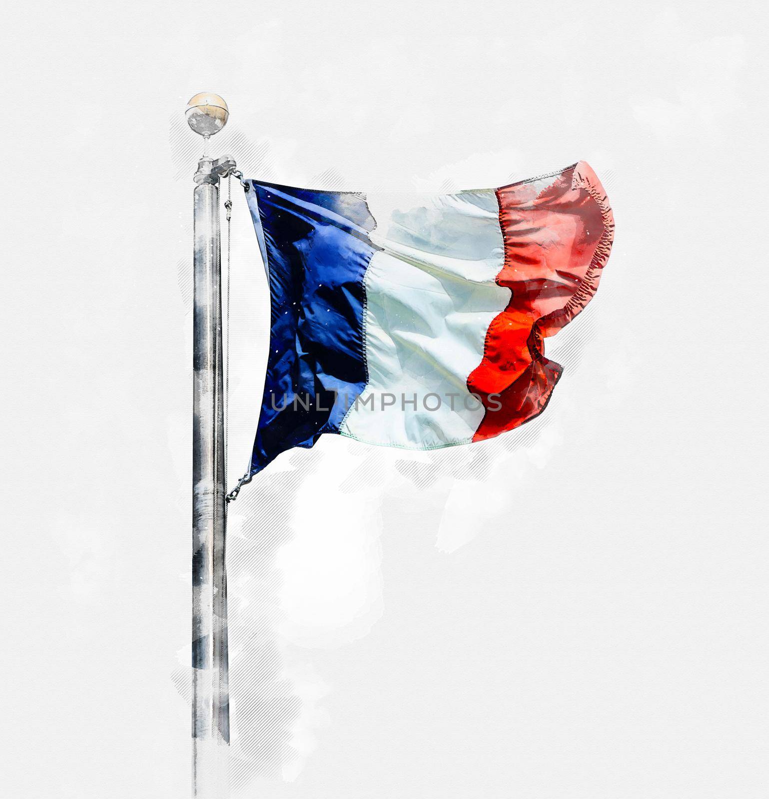 Watercolor painting illustration of Flag of France isolated over white background by Mariakray