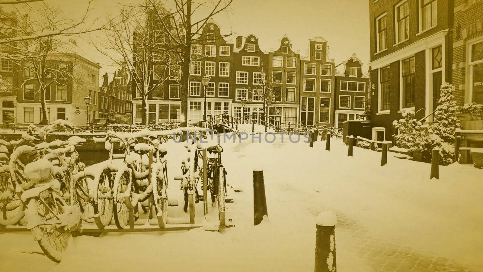 Old retro photo from the Jordaan in Amsterdam the Netherlands in winter