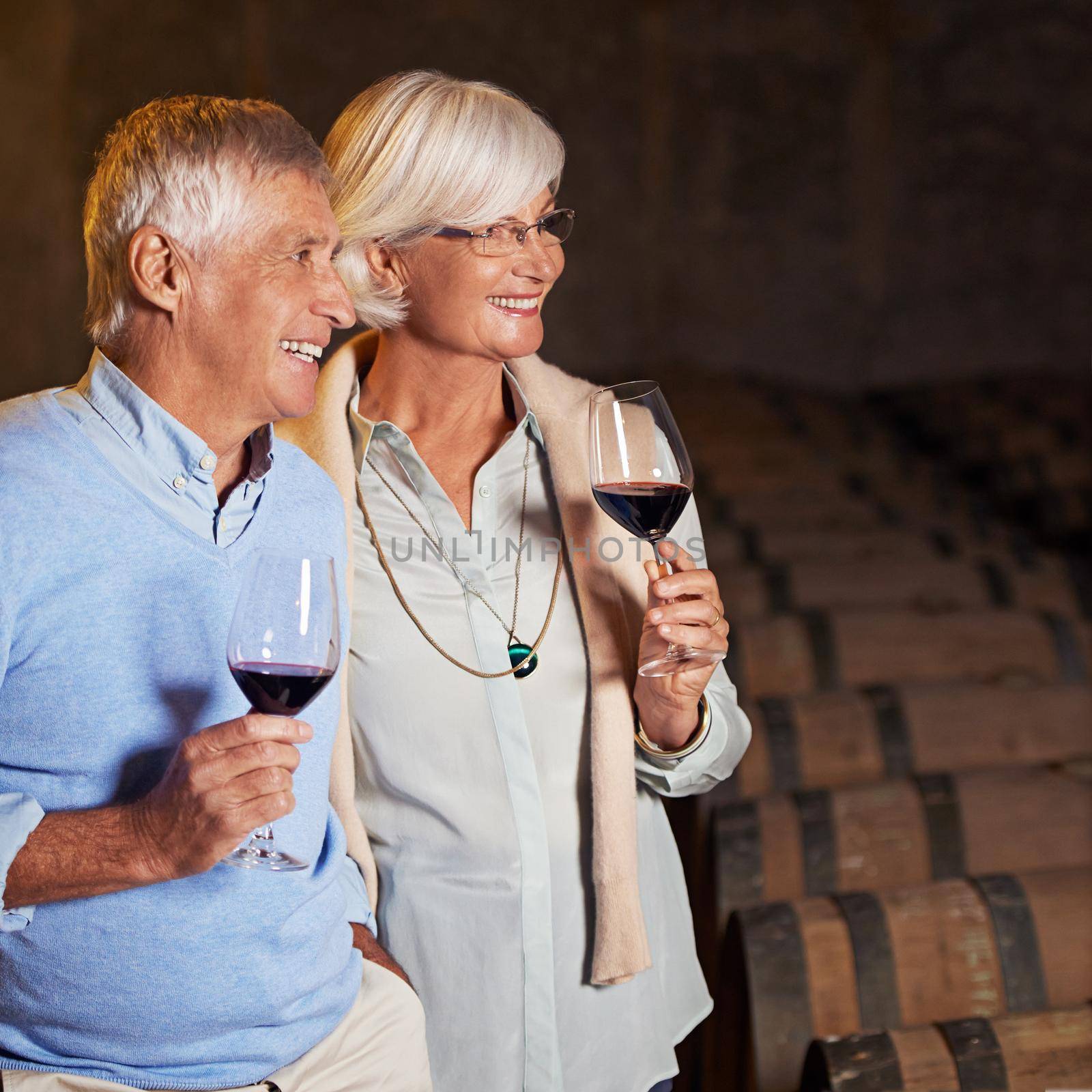 Out for a bit of wine tasting. Cropped shot of an affectionate senior couple wine tasting in a cellar. by YuriArcurs