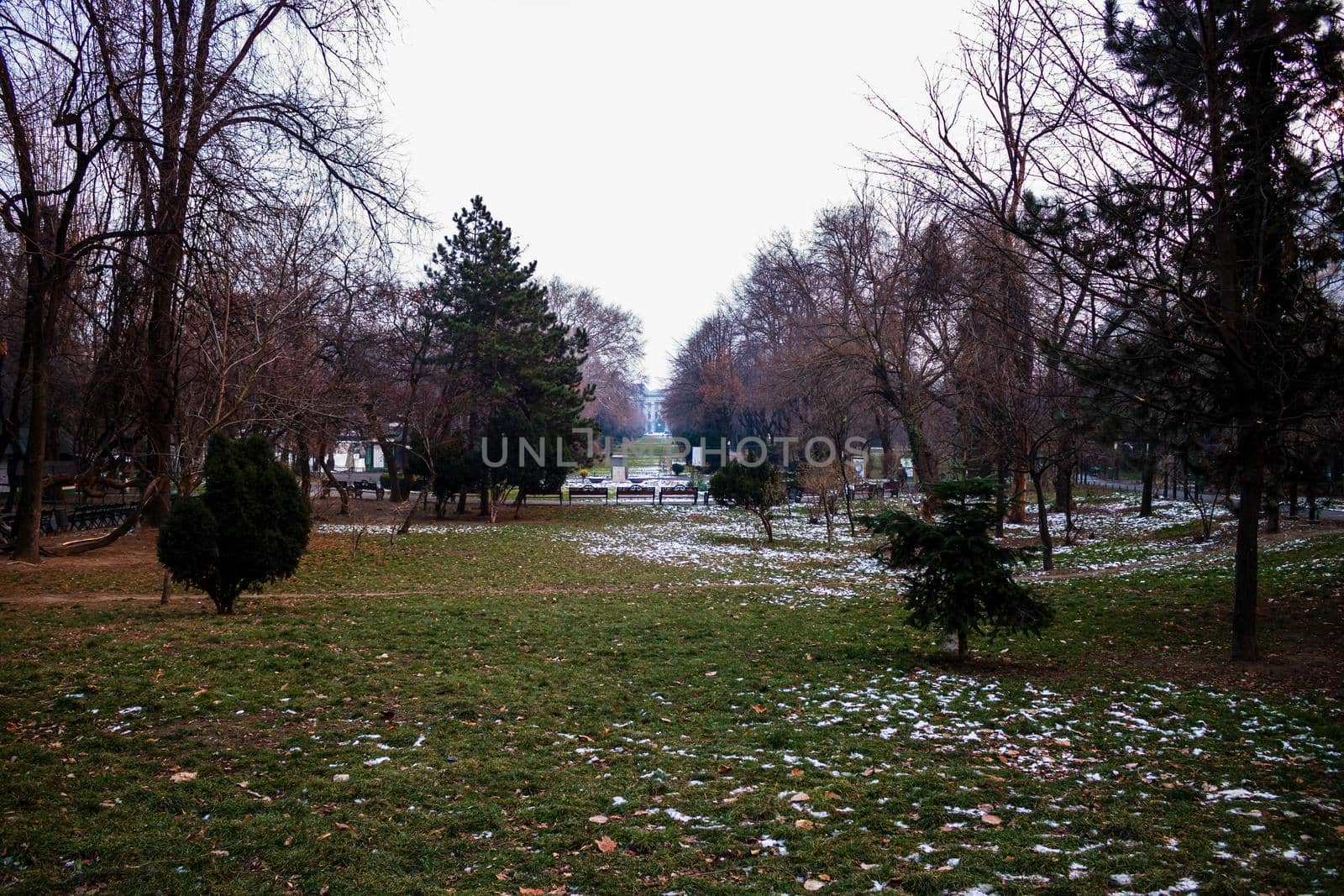 Winter scene in Cismigiu park Bucharest. Cismigiu Gardens located in downtown Bucharest, Romania