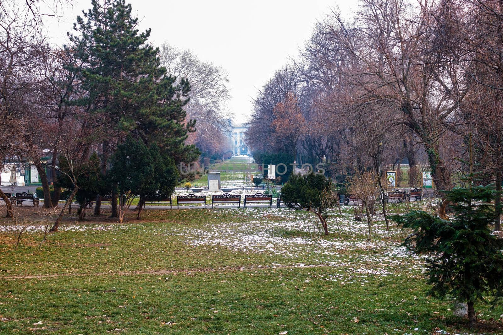 Winter scene in Cismigiu park Bucharest. Cismigiu Gardens located in downtown Bucharest, Romania