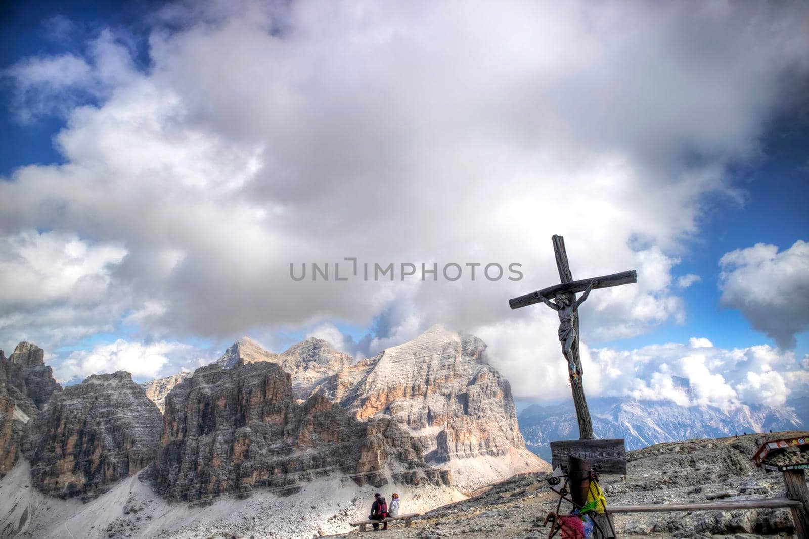 Dolomites, detail of the crucifix of the Tofane mountain group, a UNESCO World Heritage Site in Italy