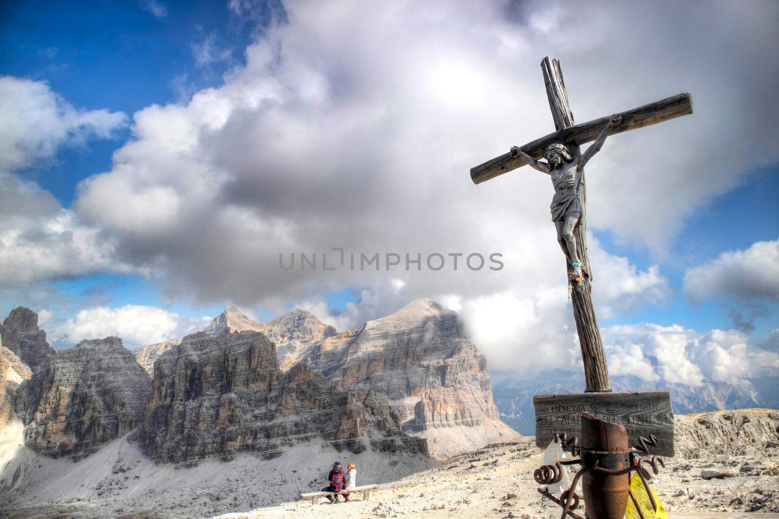 Dolomites, detail of the crucifix of the Tofane mountain group, a UNESCO World Heritage Site in Italy