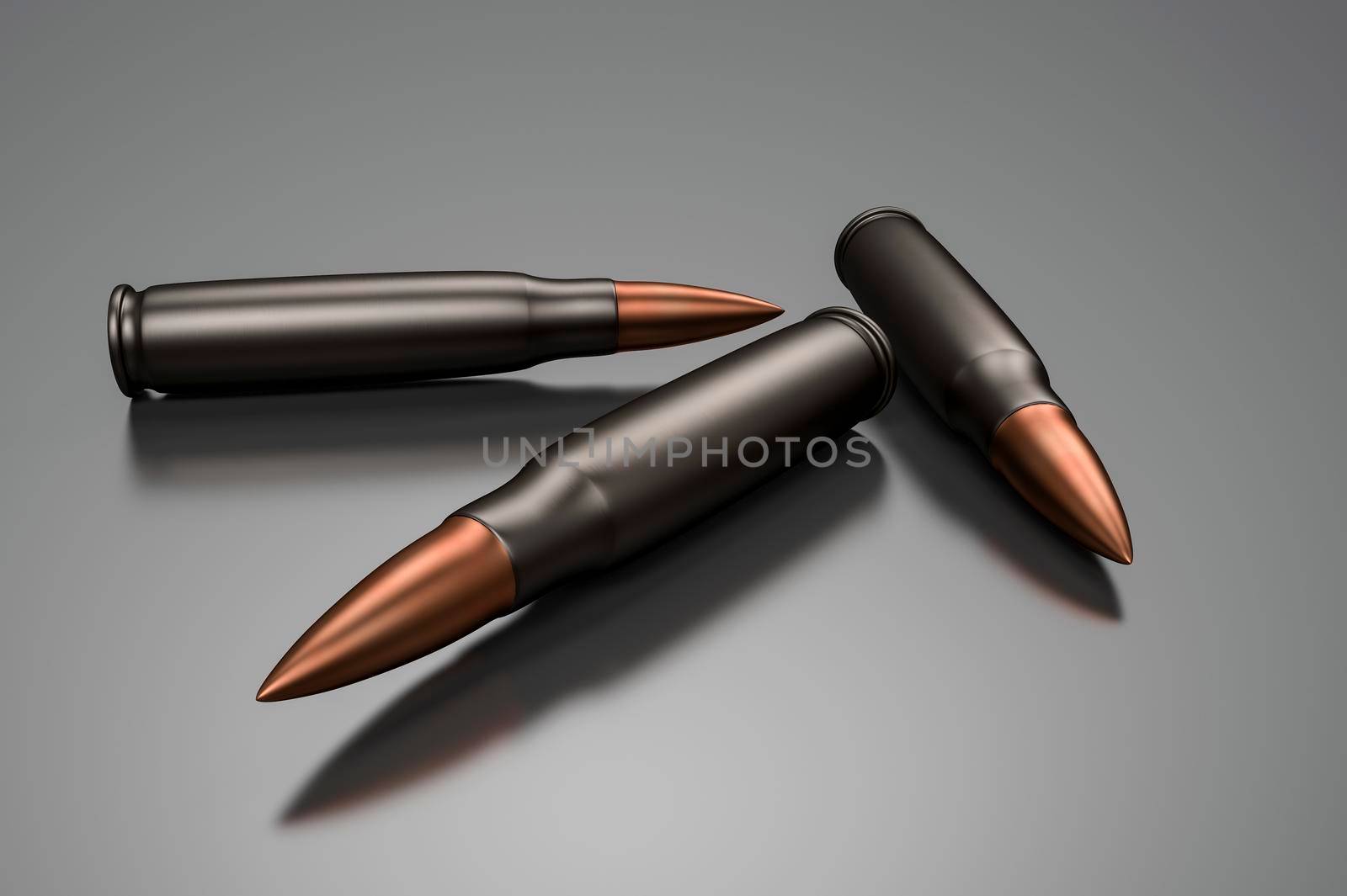 Three 3D large-caliber cartridges for a rifle or machine gun. Lethal weapons and ammunition