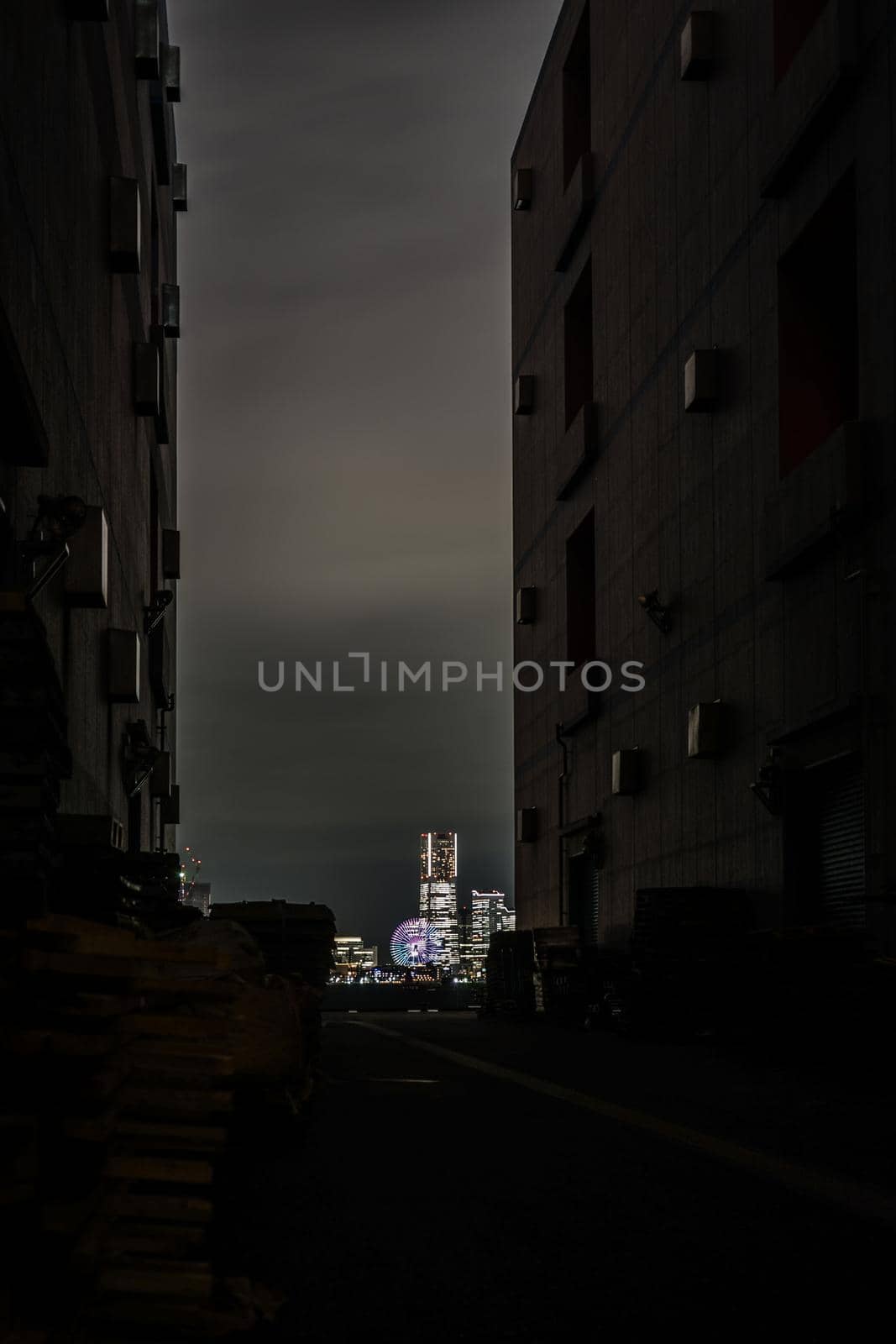 Night view of Yokohama Minato Mirai seen from between the buildings. Shooting Location: Yokohama-city kanagawa prefecture