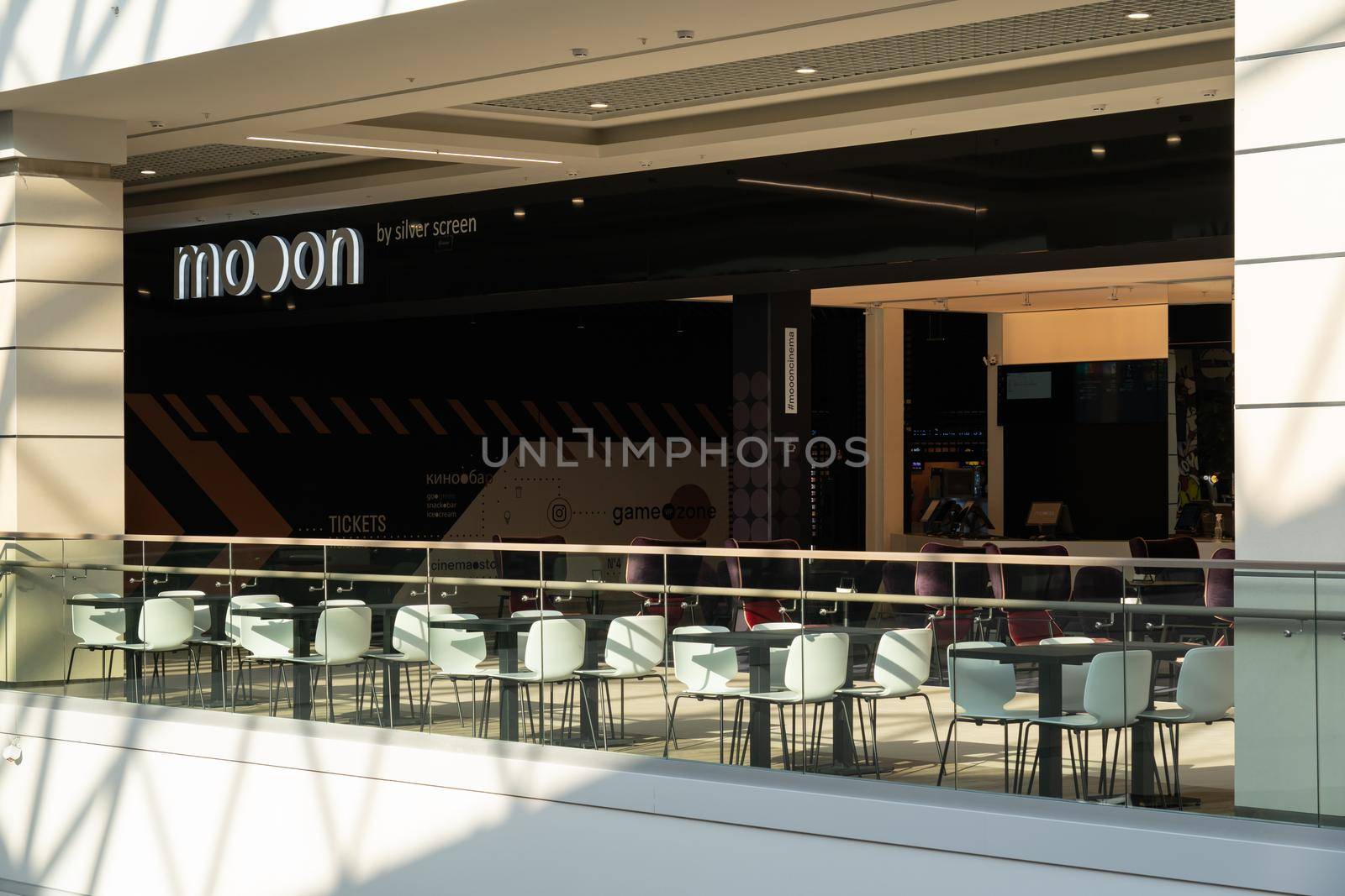 Interior of wooden table in food court shopping mall. Food center in department store.