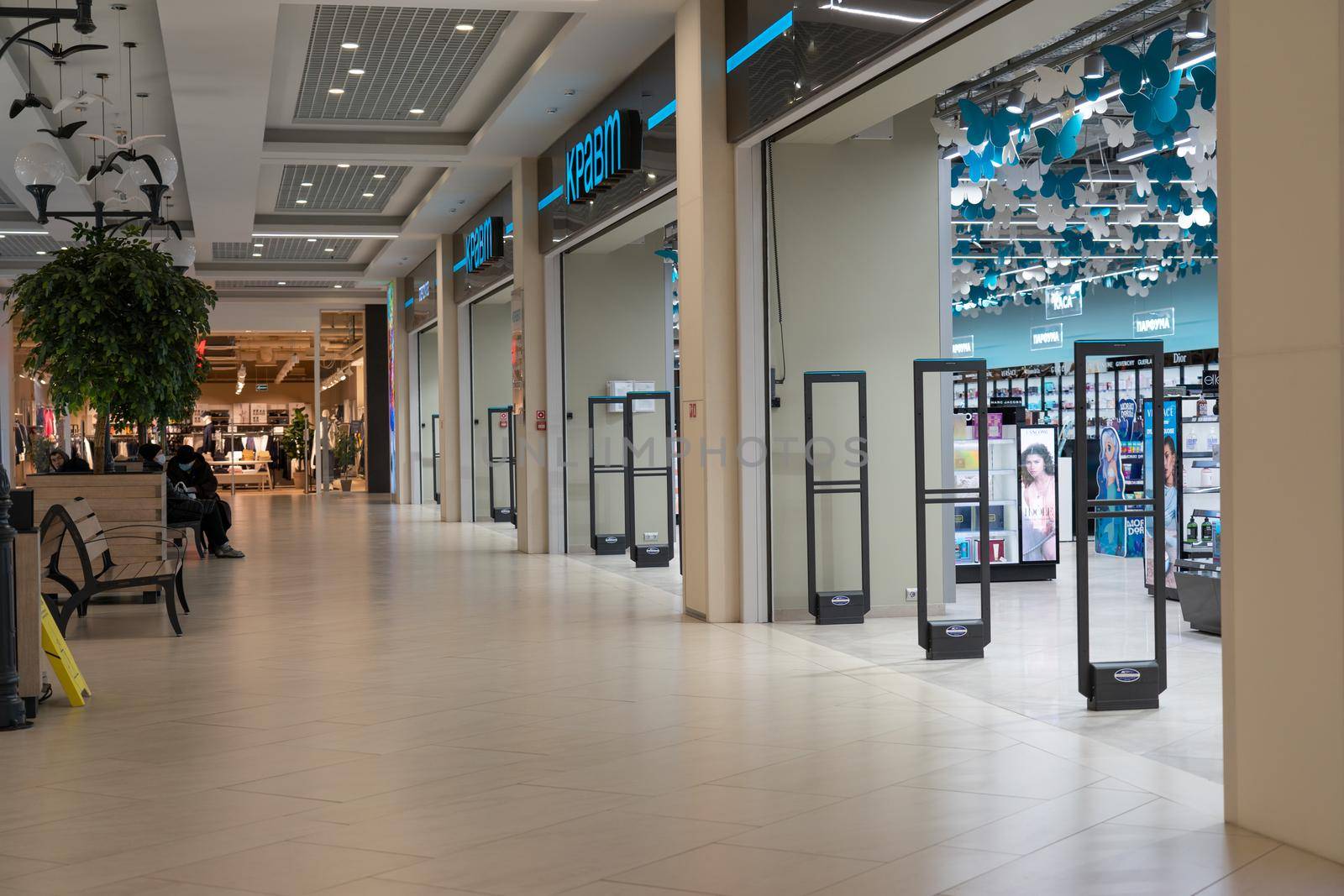 Grodno, Belarus - April 07, 2021: Scanner entrance gate for prevent theft in Kravt store in shopping and entertainment complex Triniti.