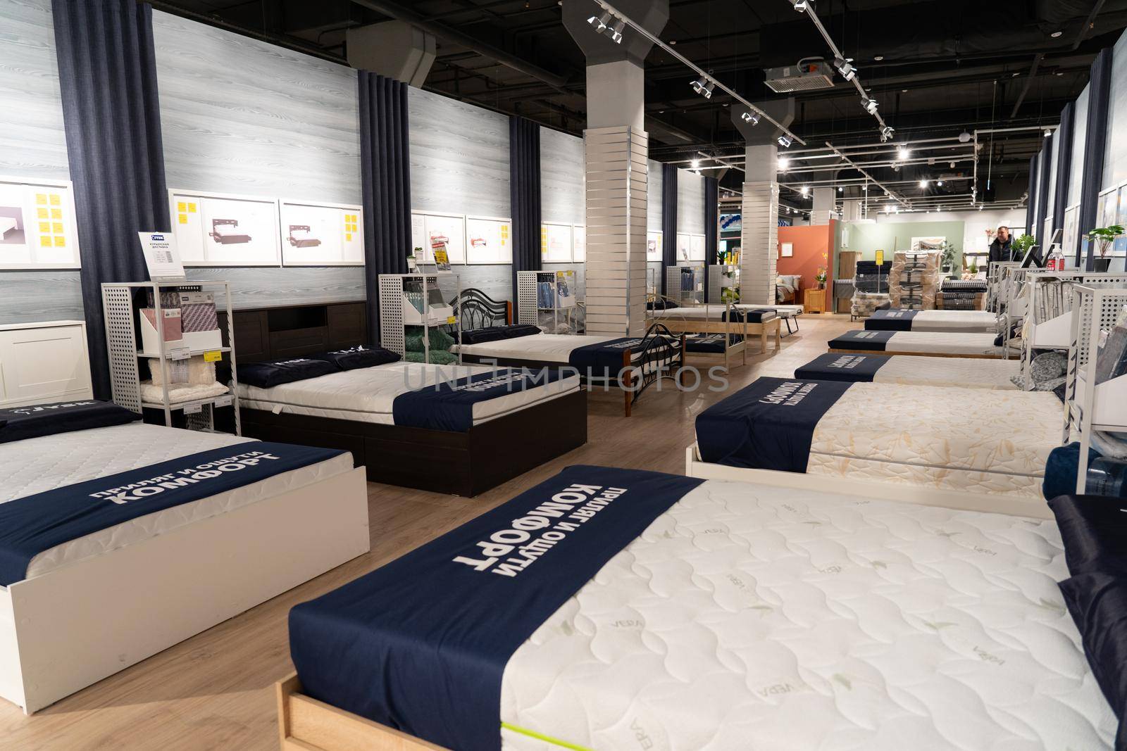 Grodno, Belarus - April 07, 2021: Interior of JYSK store in mall Triniti. Department for the sale of mattresses