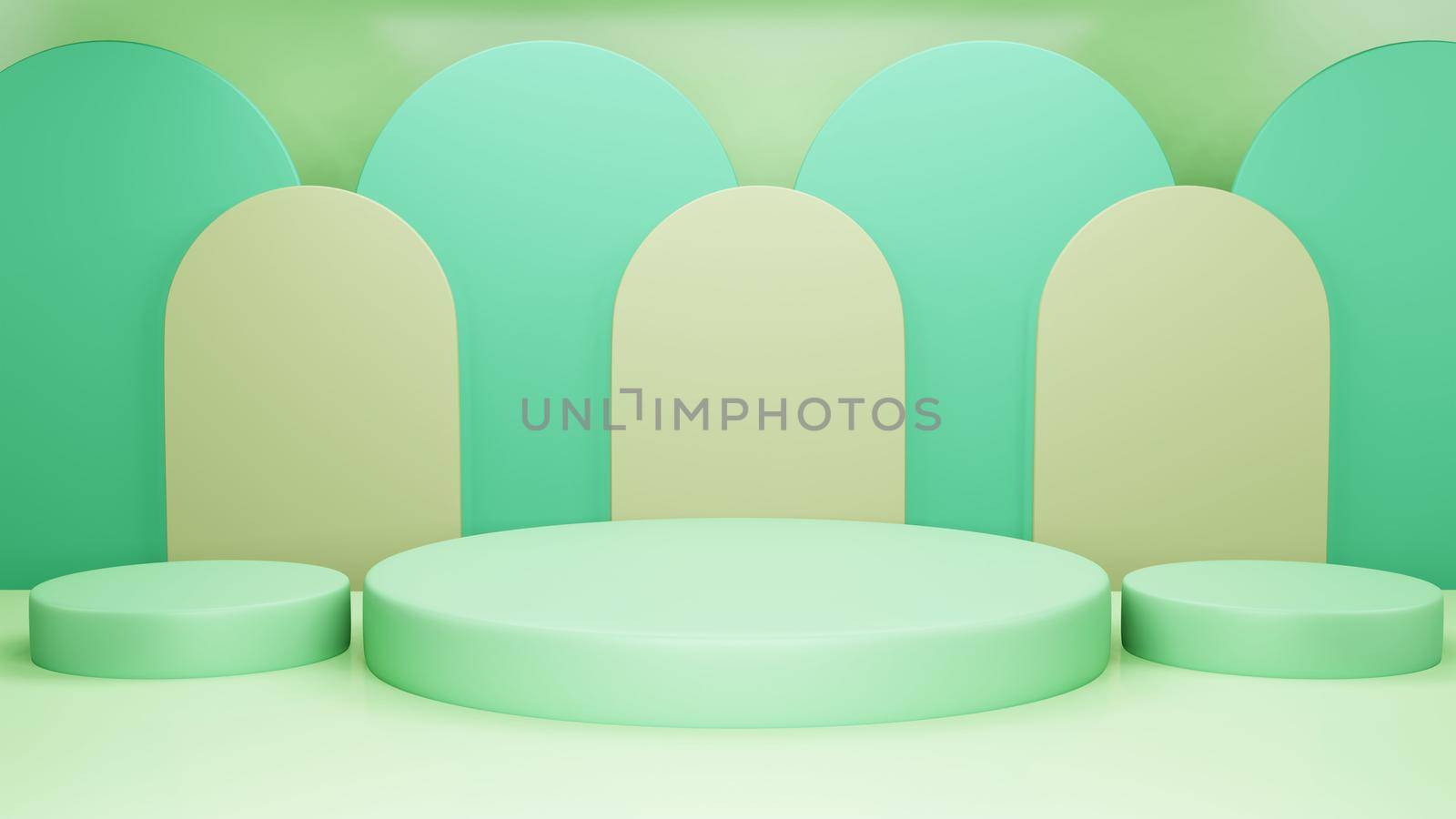 3d rendering green bright cylinder podium minimal studio background. Abstract 3d geometric shape object illustration render. Display for food natural product