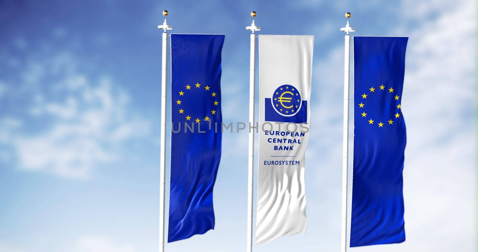 Frankfurt, Germany, February 2022: European flags waving in the wind with the white flag of the European Central Bank in the centre