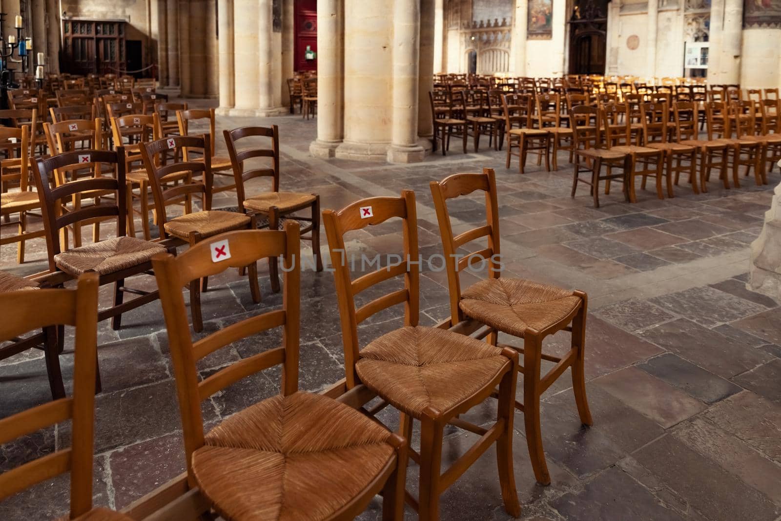 A church with empty seats during the coronavirus pandemic Covid-19.