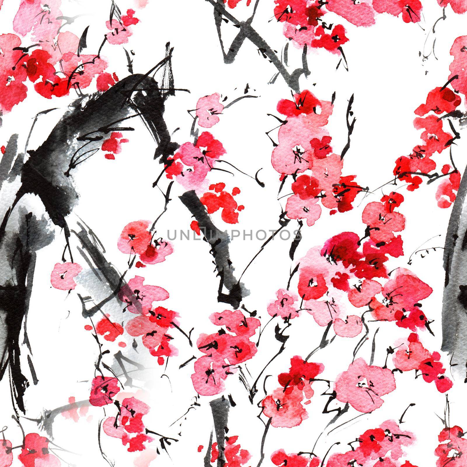 Watercolor seamless pattern - illustration of blossom sakura tree branch with pink flowers, oriental traditional sumi-e painting