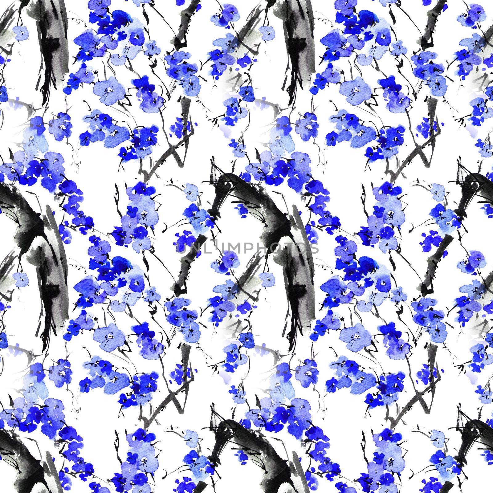Watercolor seamless pattern - illustration of blossom tree branch with blue flowers, oriental traditional sumi-e painting
