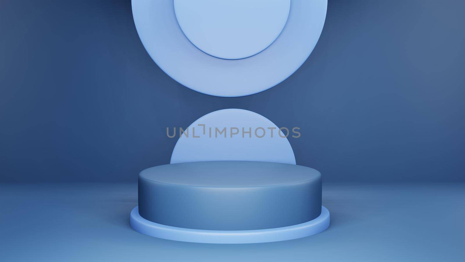 3D rendering of classic blue shapes on minimal fashion background with a pedestal and showcase for cosmetic products. A scene with geometric forms. by Benzoix