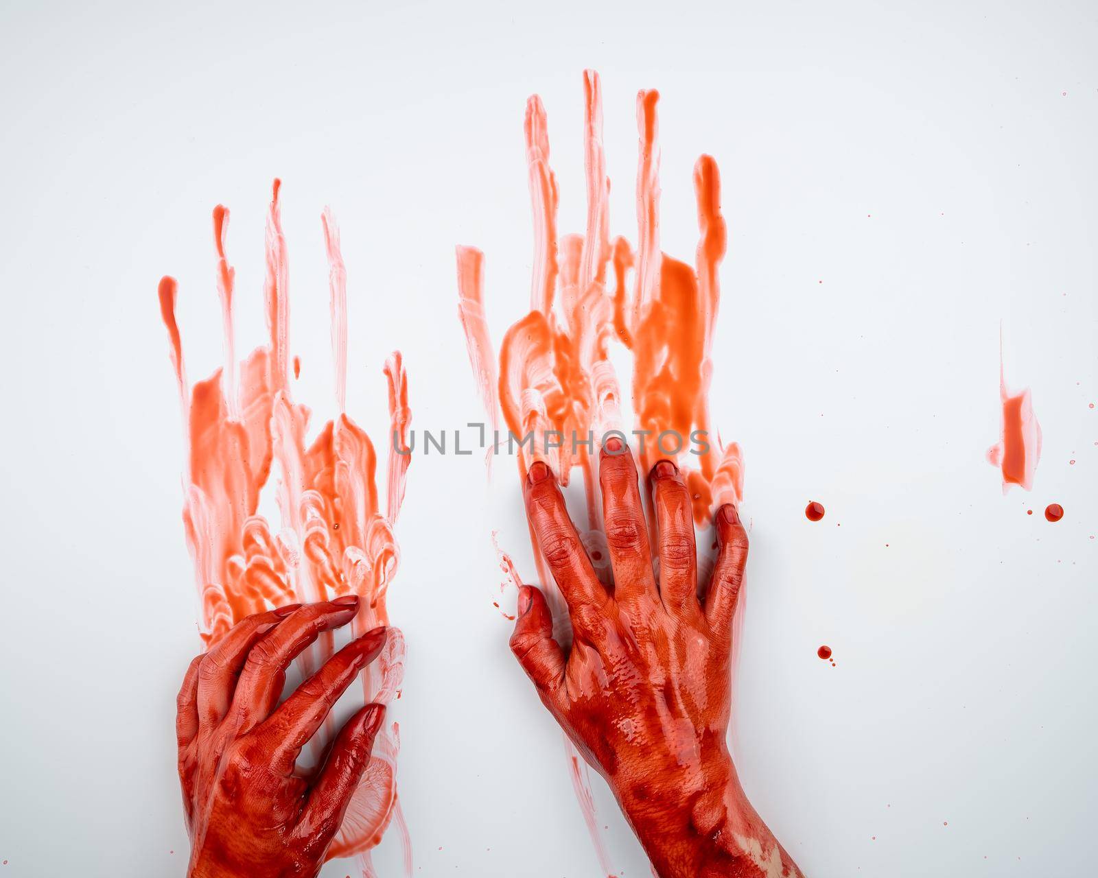 Female hands in blood on a white background