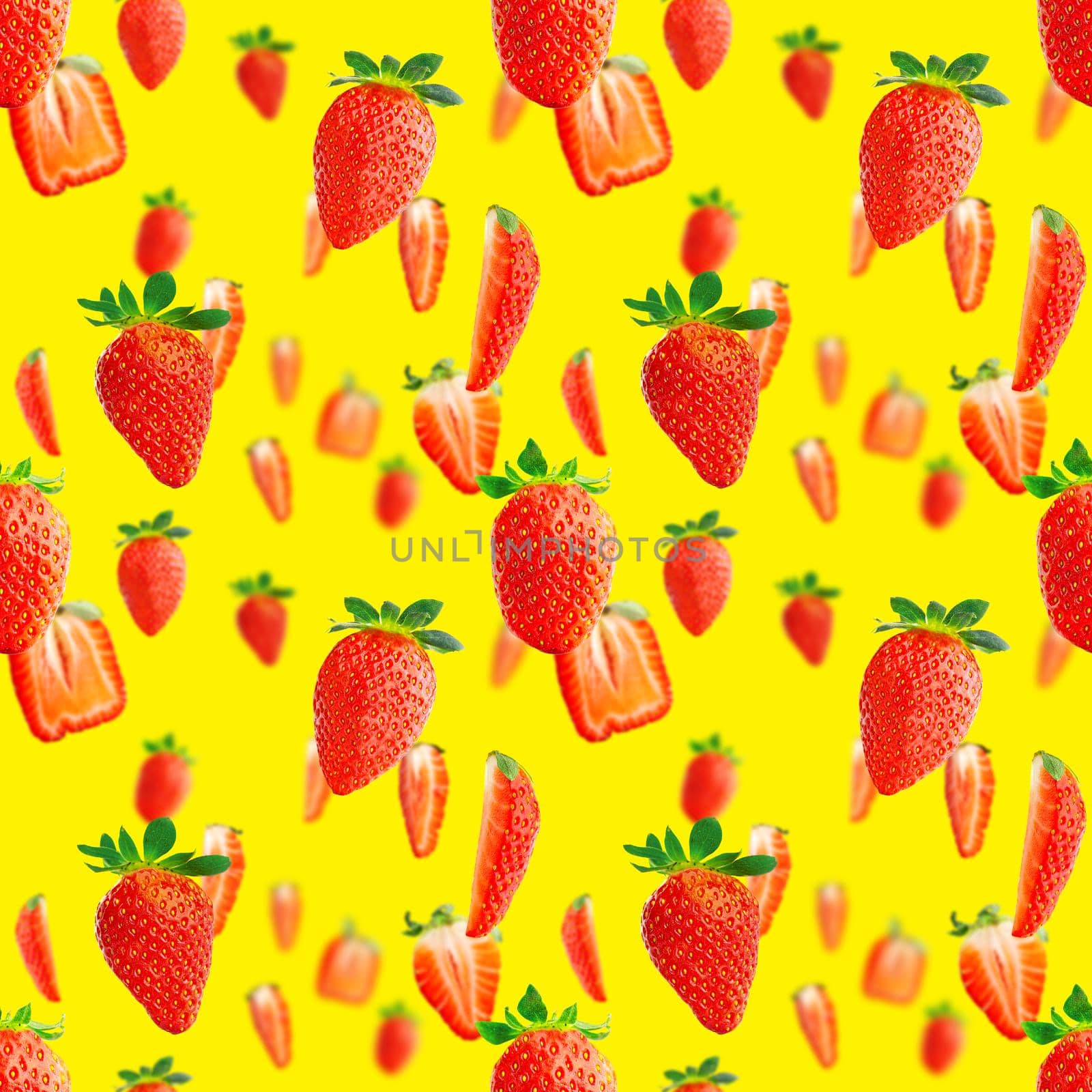 Strawberry seamless pattern. Ripe strawberries isolated on yellow. package design background. by PhotoTime