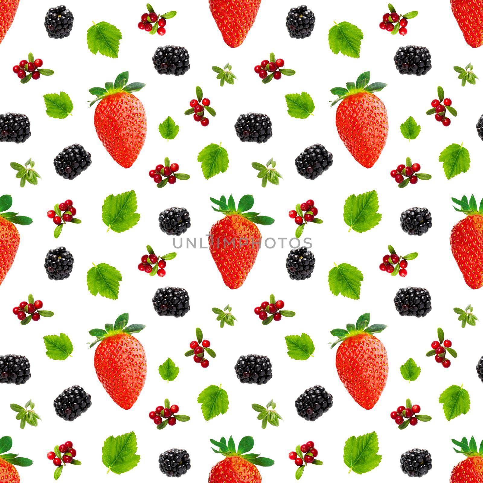 Falling berries seamless pattern isolated on white background, different flying forest berries. by PhotoTime