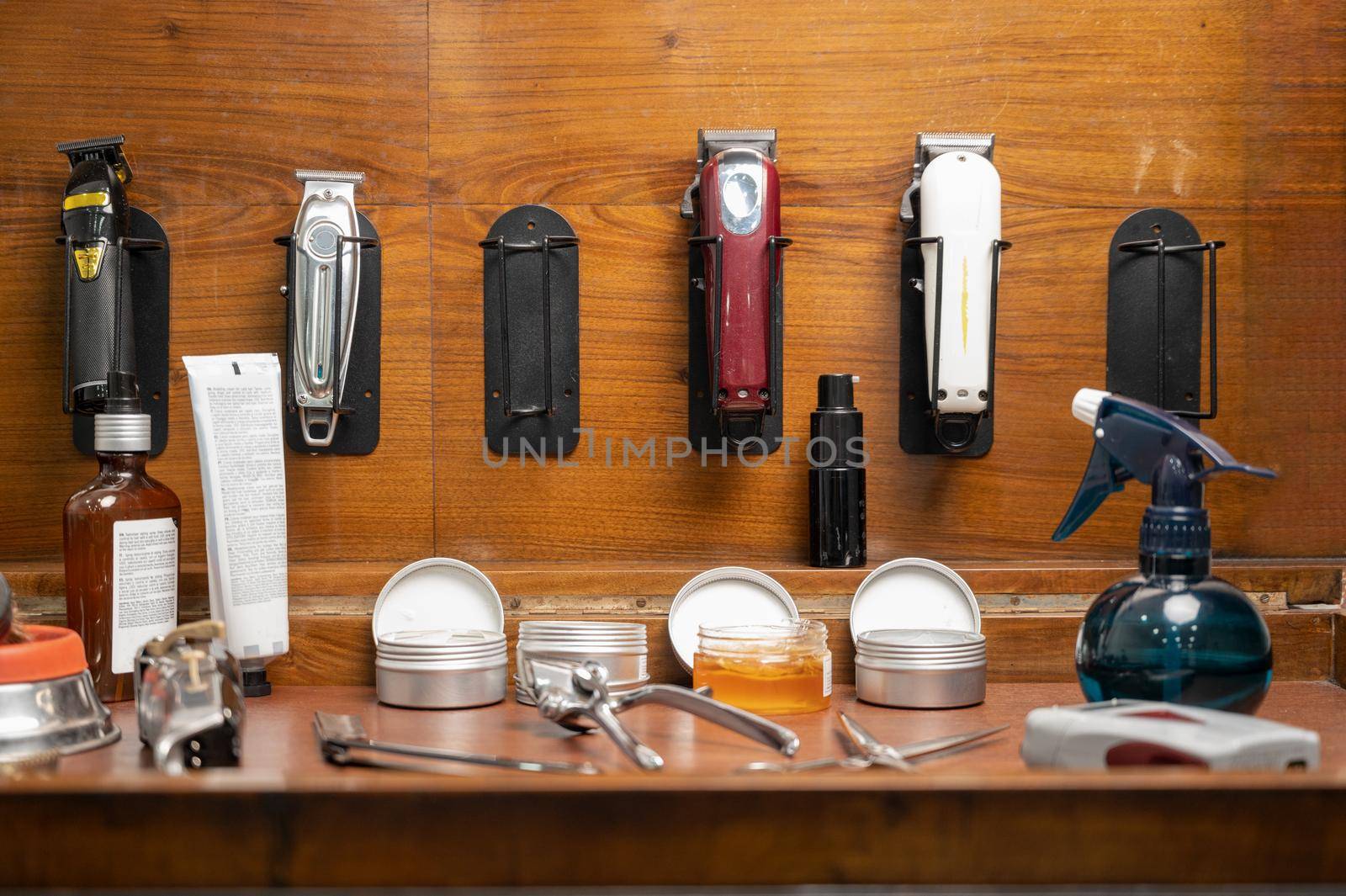 barber tools on the shelf in the barbershop. High quality photography.