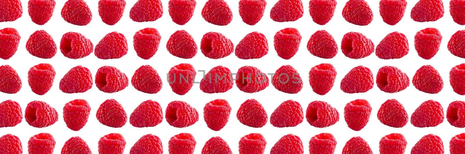 Raspberries abstract background. Fruit pattern of colorful wild berries isolated on white background. Raspberries, blackberry and brumble. Top view. Flat lay banner