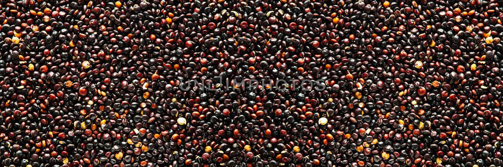 Chenopodium quinoa textured background of grains. Black Quinoa closeup of seed. banner