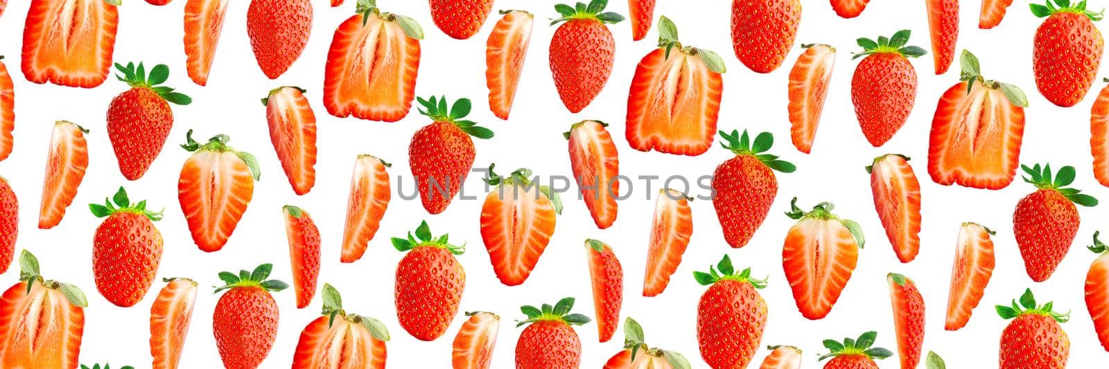 Colorful background of fresh ripe strawberries on white backdrop. Top view, flat-lay banner for packing design