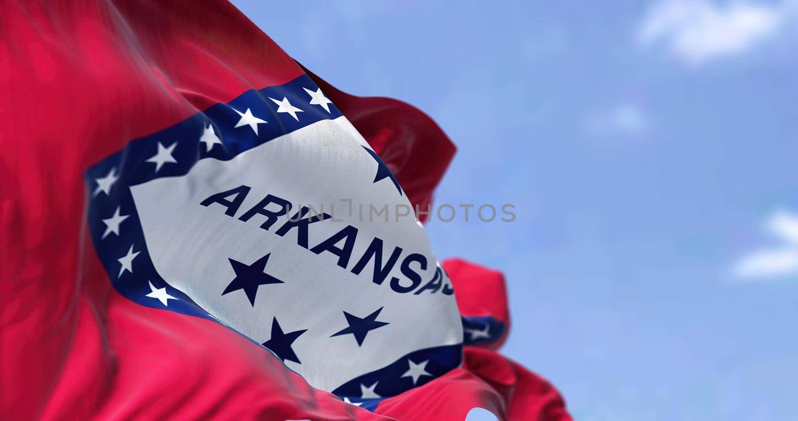 The state flag of Arkansas waving in the wind. Democracy and independence. American state.