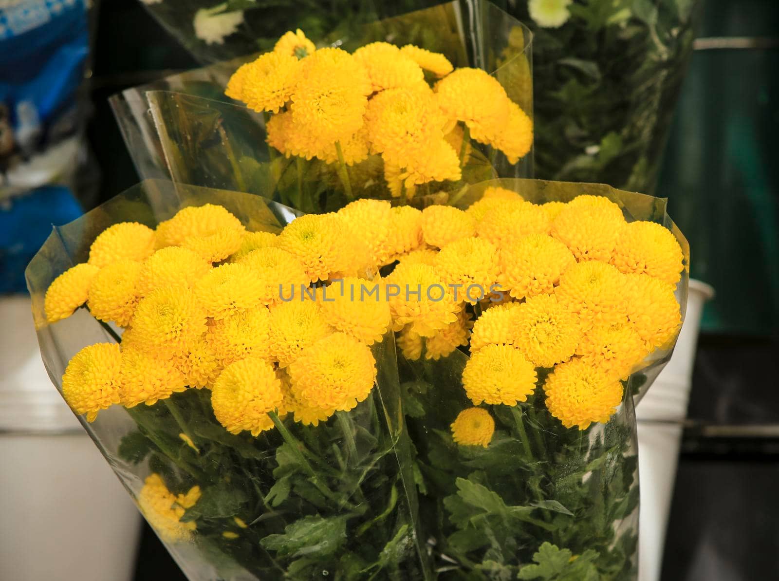 Bouquets of Tagetes Erecta flowers for sale at a market stall in Spain