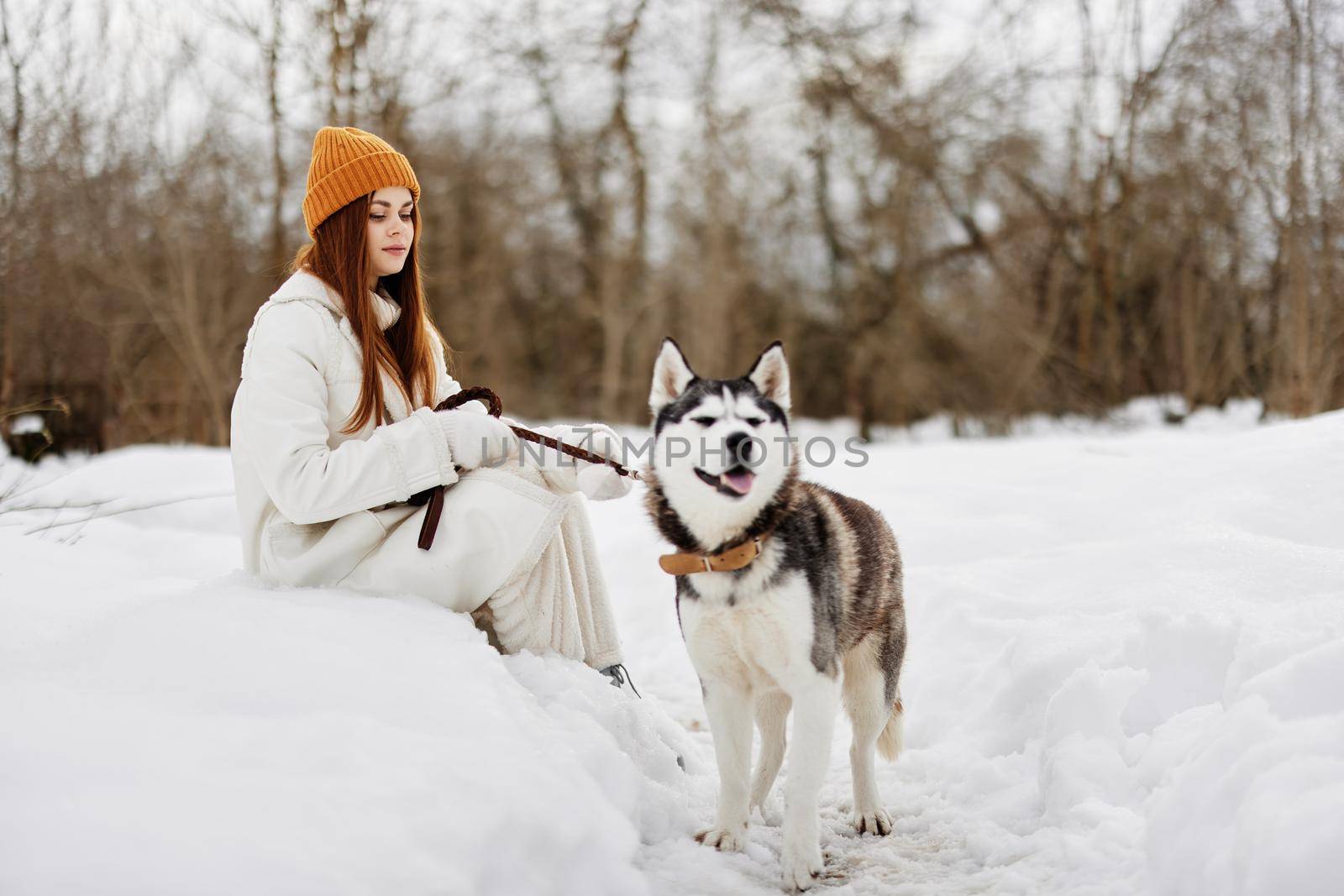 portrait of a woman in the snow playing with a dog outdoors friendship winter holidays by SHOTPRIME