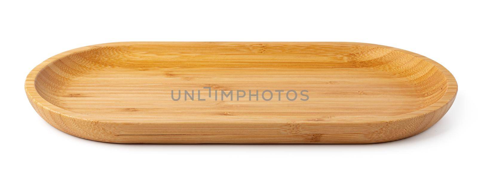 Wooden plate isolated on white background, close up photo