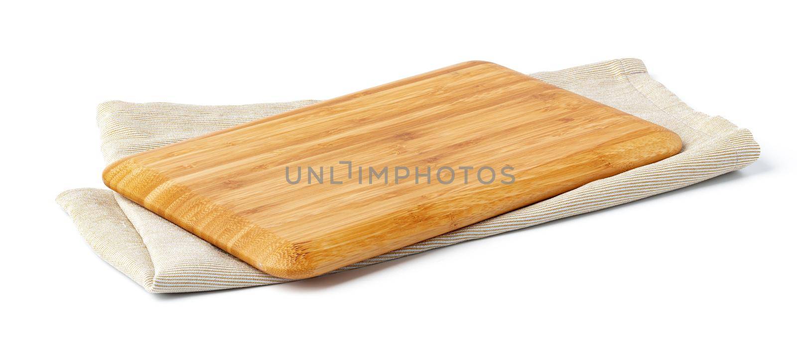 Wooden board and tablecloth isolated on white background