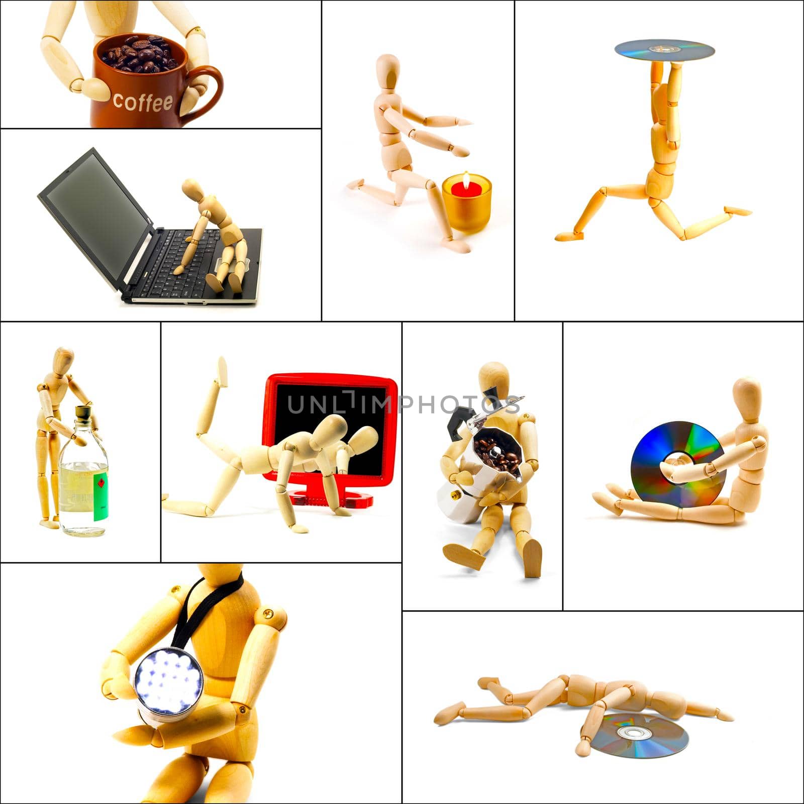 different pose and concepts wood mannequin collage collection