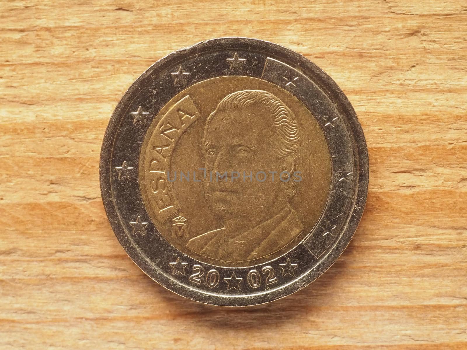 two euro coin, Spanish side showing a portrait of King Juan Carlos I, currency of Spain, European Union