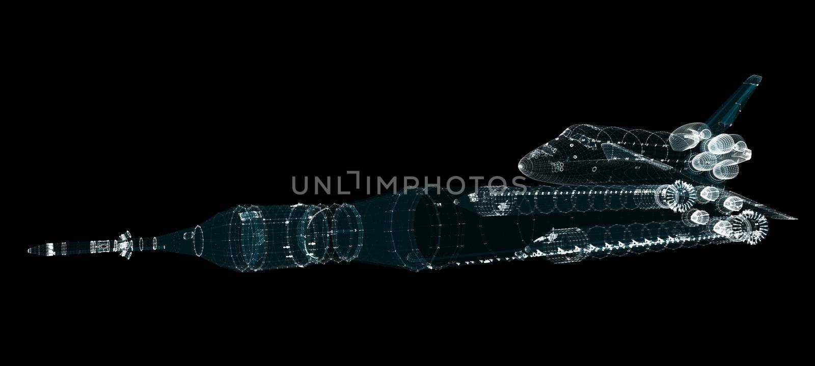 Abstract space rocket and shuttle. All of the particles. 3d illustration. Elements of this video furnished by NASA