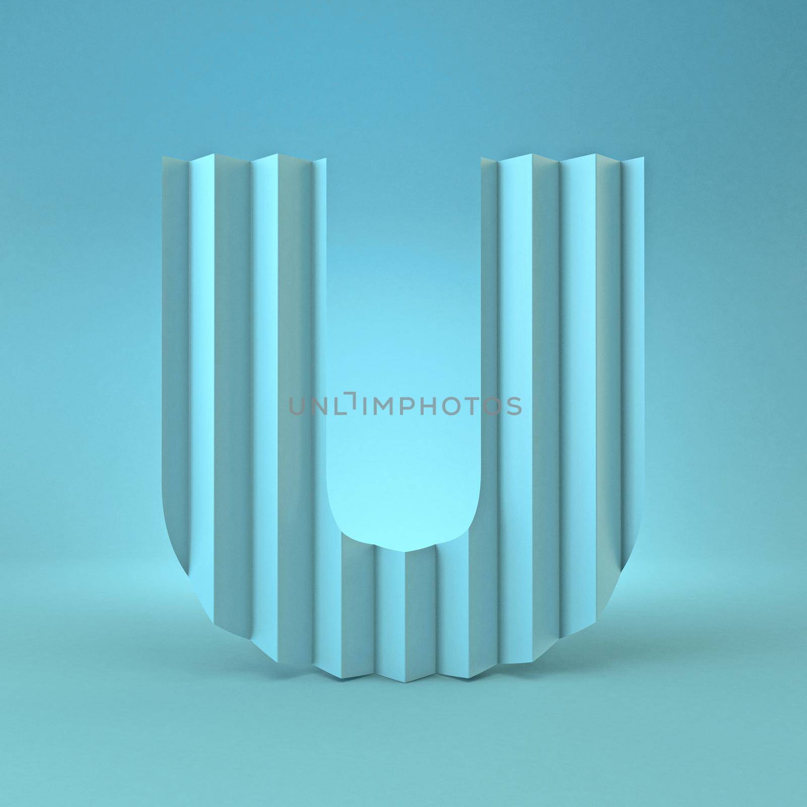 Cold blue font Letter U 3D render illustration on blue background