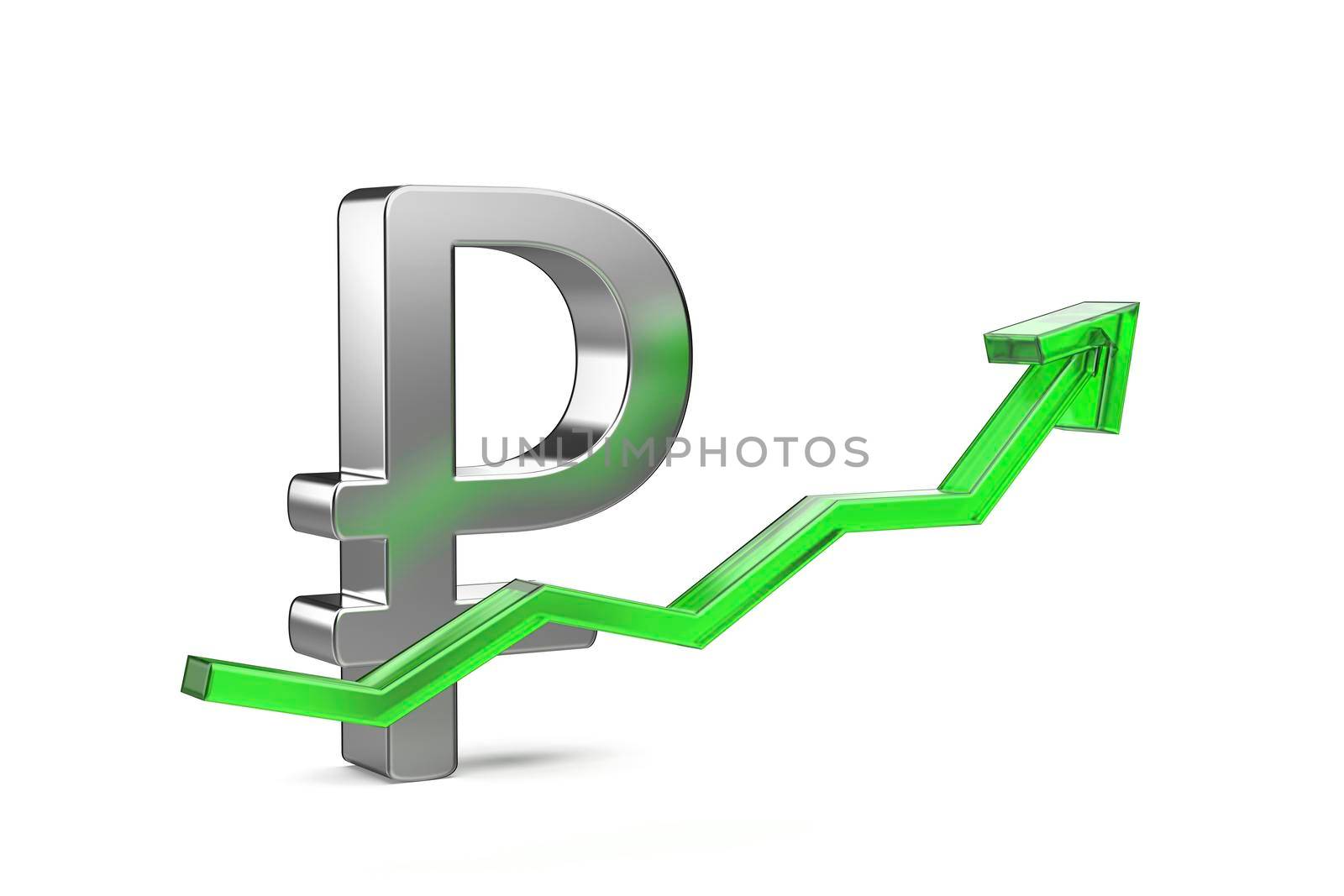Russian ruble symbol with green arrow pointing up by magraphics