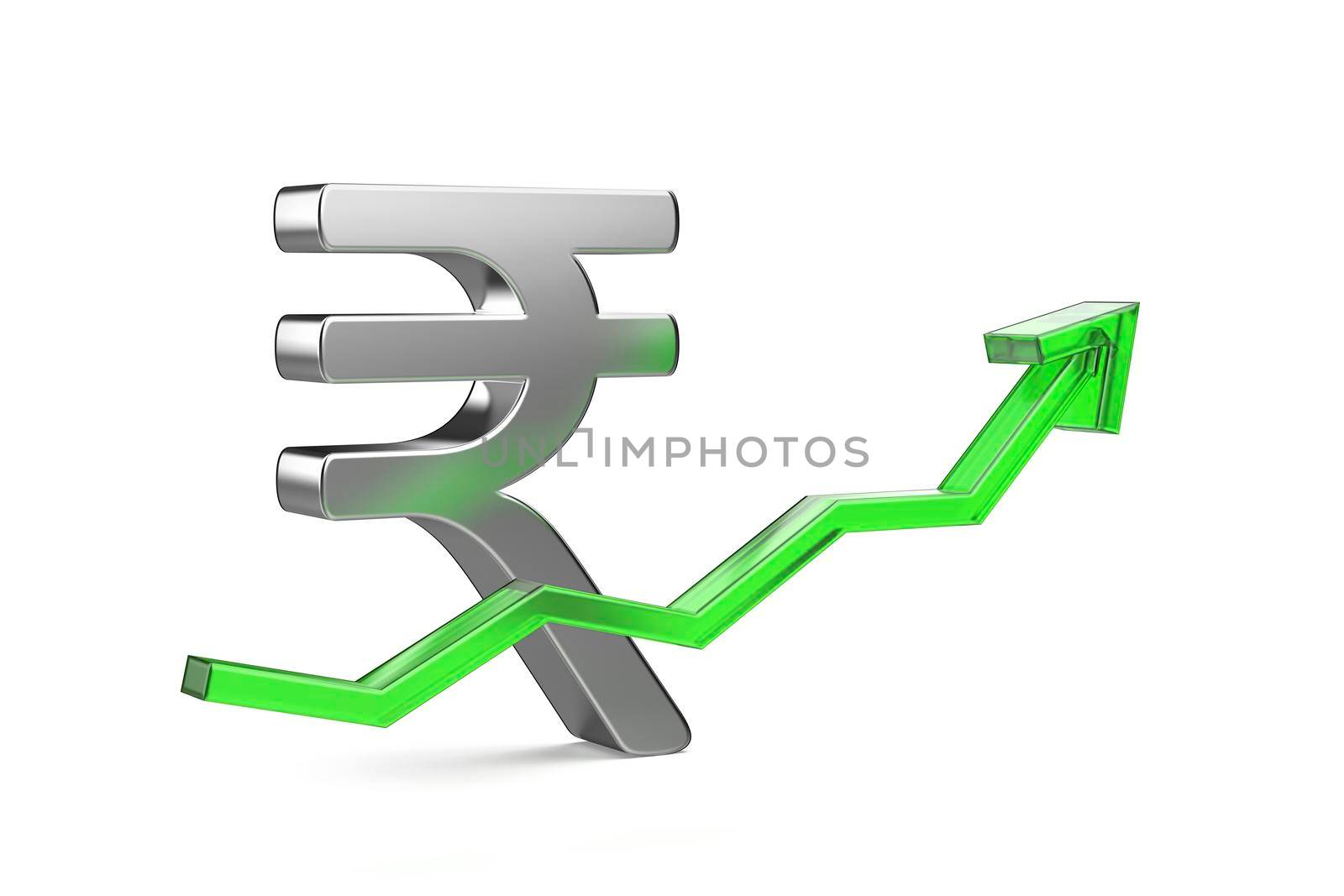 Indian rupee symbol with green arrow pointing up by magraphics