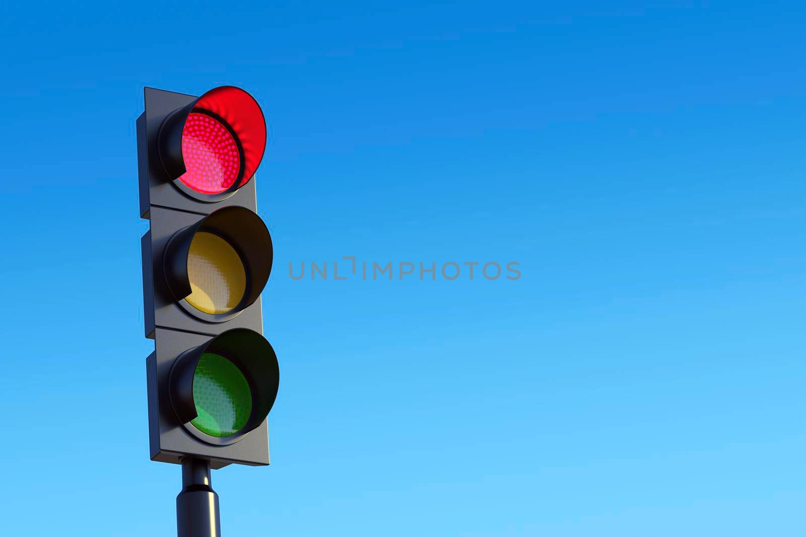Red traffic light against sky by magraphics