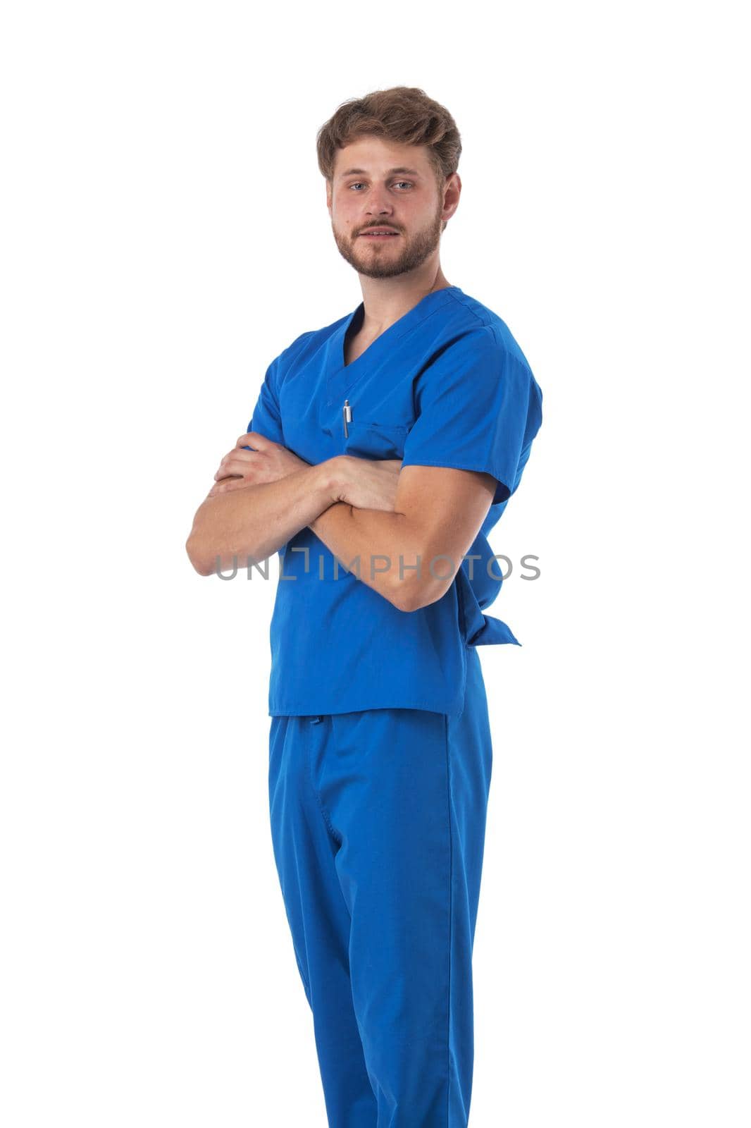 Male nurse standing with arms folded isolated on white background