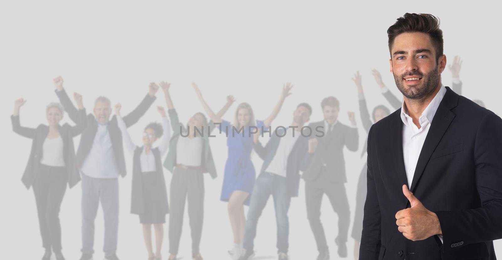 Business man with thumb up in front of many businesspeople cooperation job search staff management concept