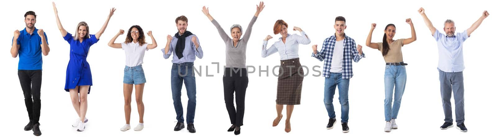 Collage of full length portriats of people in casual clothes isolated on white background, happy people with raised arms