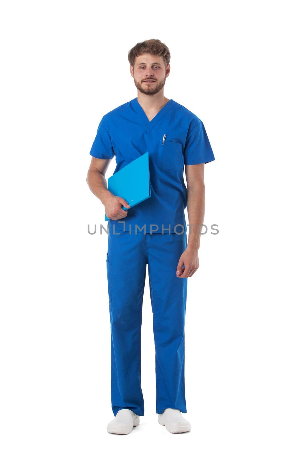 Male nurse holding file folder isolated on white background