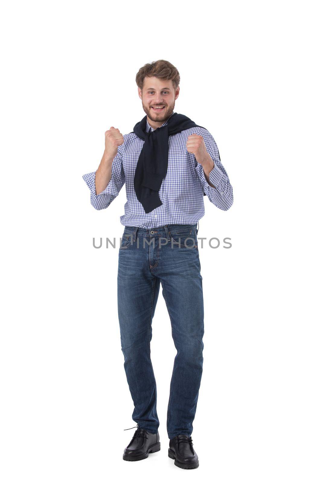 Casual business man happy smile excited hold hand fist up, young handsome guy full length wear shirt isolated white background