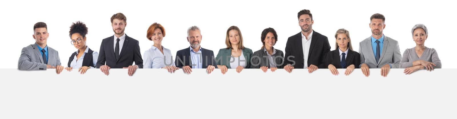Group Of Happy Business people in formal wear holding big empty billboard studio isolated on white background, copy space for text content