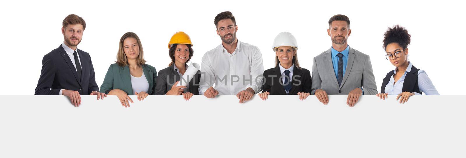 Group of happy multi ethnic architects and business people holding blank banner ad isolated on white background, copy space for text content