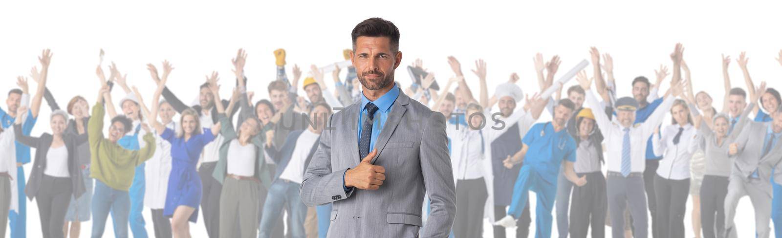 Business man with thumb up in front of many businesspeople cooperation job search staff management concept