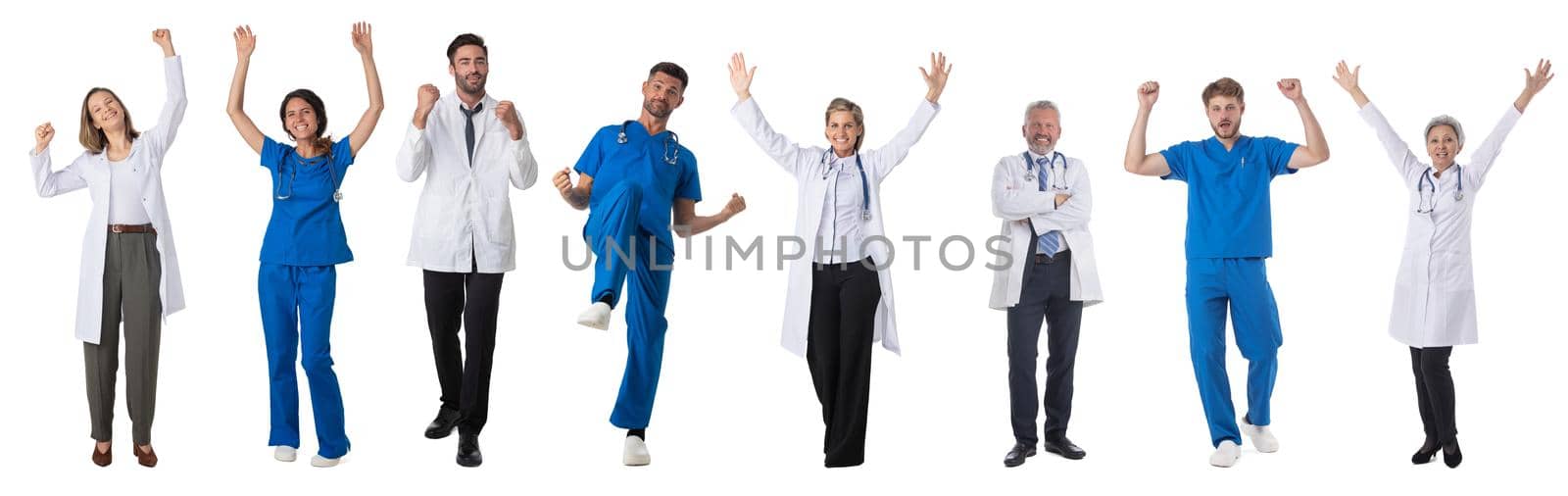 Set of Full length portraits of happy doctors and nurses medical staff with raised arms isolated on white background