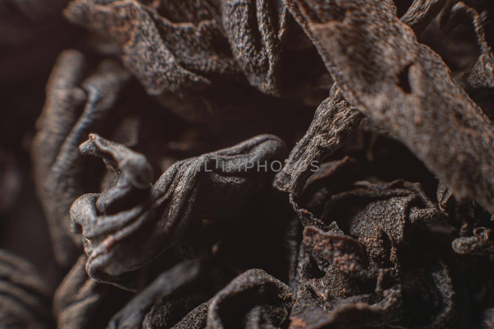 Extreme macro Black loose leaf tea as a background. Texture of dry black tea leaves in shallow depth of field. Dark background. macro mode. black leaf tea closeup by yanik88