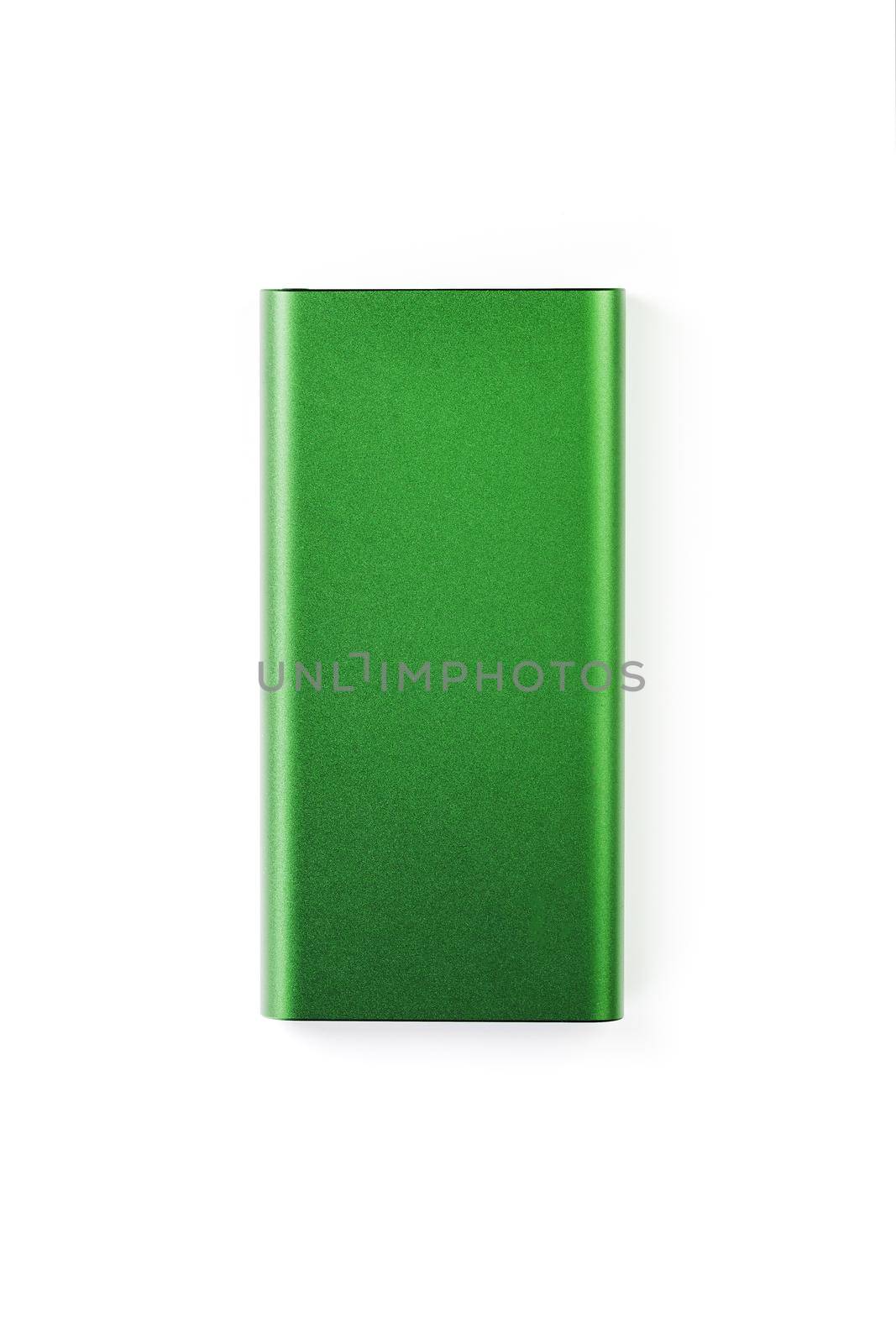 Green Power Bank on a white background for charging mobile devices with copy space.