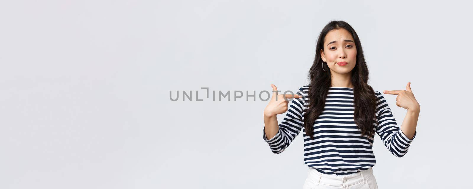 Lifestyle, beauty and fashion, people emotions concept. Confident young arrogant korean girl show-off, smirk cool and pointing herself at bragging personal achievement by Benzoix